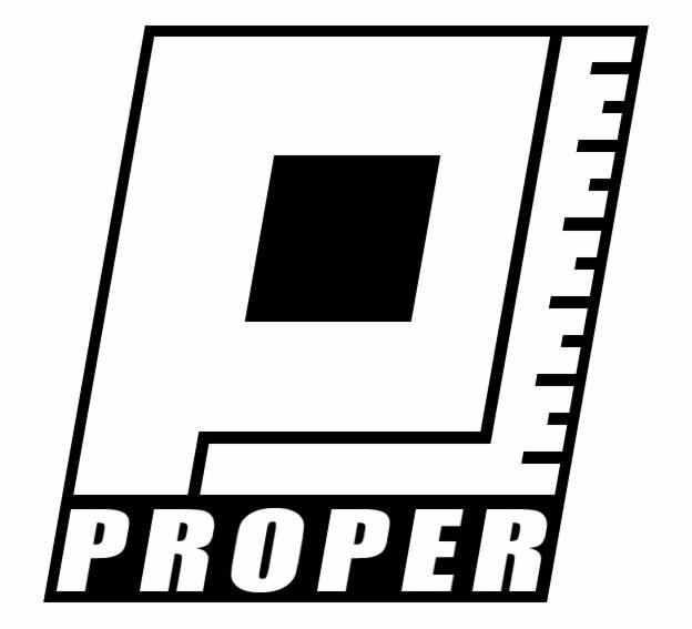 Czarno-białe logo firmy PROPER, stylizowane na literę P z elementami miarki.