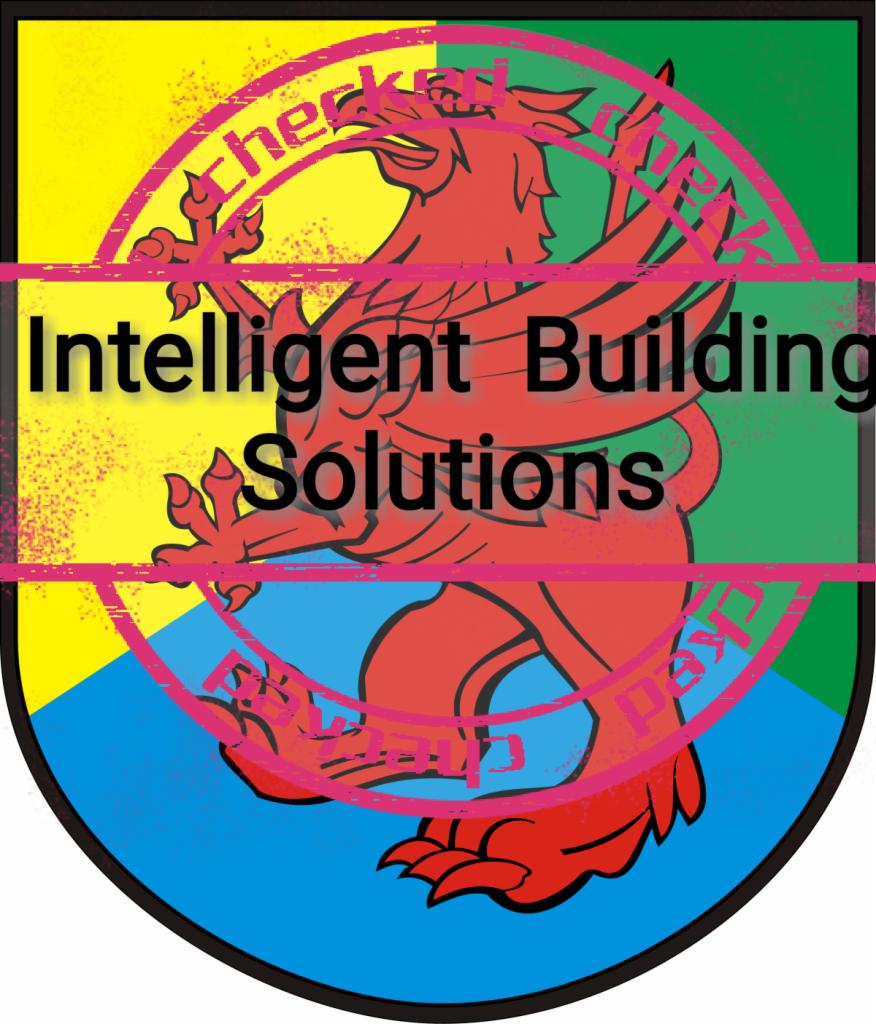 Okrągłe logo firmy Intelligent Building Solutions z czerwonym gryfem na tle podzielonym na żółty, zielony i niebieski, przekreślone różowym stemplem 'Checked'.