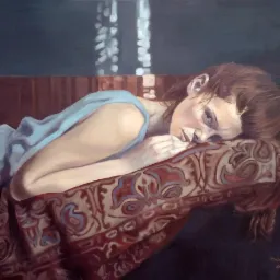 Portret kobiety leżącej na wzorzystej poduszce, namalowany w 2019 roku przez Mateusza Dolutowskiego, z refleksami światła w tle.