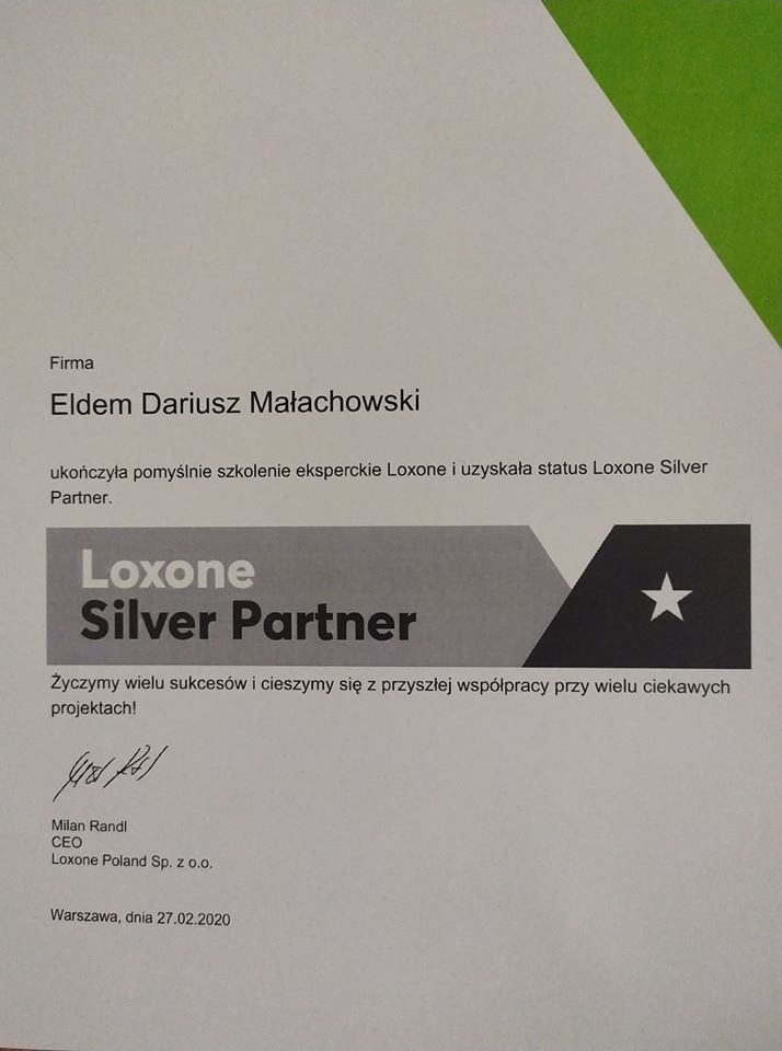 Certyfikat Loxone Silver Partner dla firmy Eldem Dariusz Małachowski, datowany na 27.02.2020, z życzeniami sukcesów i podpisem CEO Loxone Poland.
