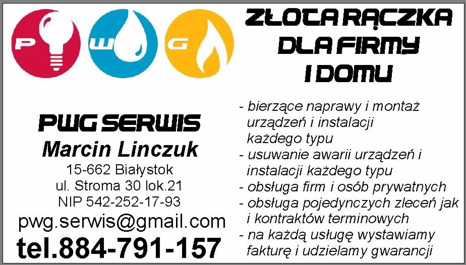 Wizytówka firmy PWG Serwis z Białegostoku, oferującej usługi dla firm i domu, w tym naprawy i montaż urządzeń oraz instalacji, usuwanie awarii, z logo składającym się z trzech symboli: żarówki...