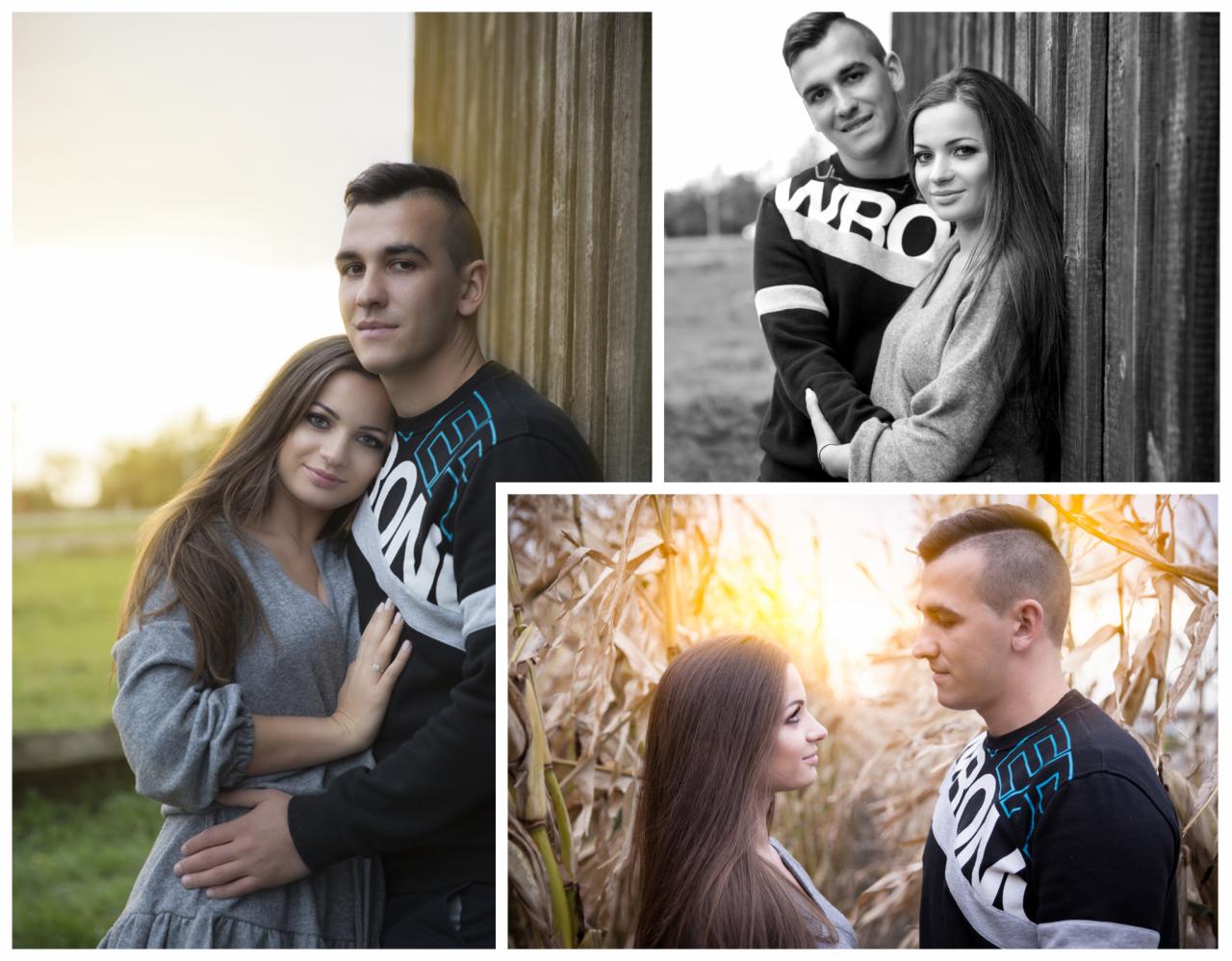 Kolaż zdjęć zakochanej pary: kolorowe ujęcie przy drewnianej ścianie, czarno-biała fotografia i portret wśród kukurydzy w promieniach zachodzącego słońca.