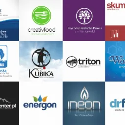 Kompilacja różnorodnych projektów logo: od logo uczelni i firm spożywczych po logotypy związane z kulturą, rybołówstwem, energią i nieruchomościami, prezentowane na białym tle.
