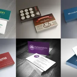 Zestawienie sześciu różnych projektów wizytówek z widocznymi detalami graficznymi i danymi kontaktowymi, ułożonych w stosy na jednolitym tle.