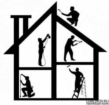 Czarno-biała grafika przedstawiająca sylwetkę domu z czterema pomieszczeniami, w których znajdują się postacie wykonujące prace remontowe: malowanie ścian, sufitu, natrysk farby, oraz prace...