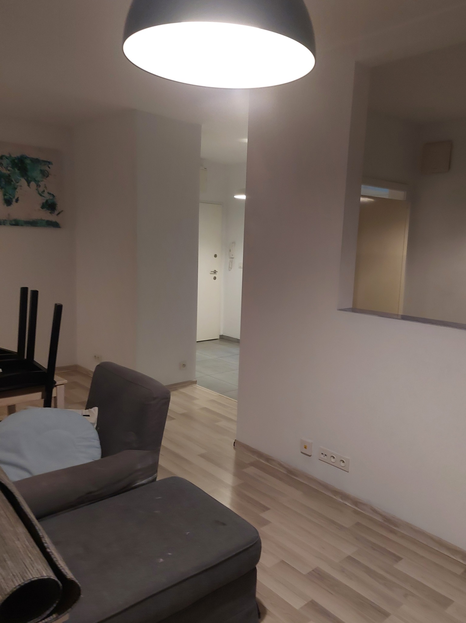 Jasne wnętrze mieszkania z szarą sofą, drewnianą podłogą i widocznym wejściem do innego pomieszczenia, świeżo po malowaniu ścian na biało.