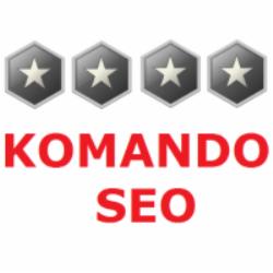 Cztery srebrne sześciokąty z białymi gwiazdami powyżej czerwonego napisu 'KOMANDO SEO'