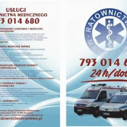Plakat reklamowy usług ratownictwa medycznego, z numerem telefonu i adresem strony internetowej, oferujący transport sanitarny, zabezpieczenia medyczne imprez, kursy pierwszej pomocy oraz usługi...