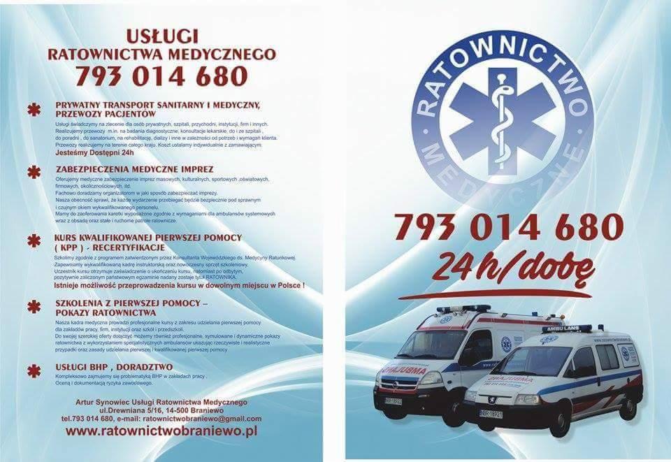 Plakat reklamowy usług ratownictwa medycznego, z numerem telefonu i adresem strony internetowej, oferujący transport sanitarny, zabezpieczenia medyczne imprez, kursy pierwszej pomocy oraz usługi...
