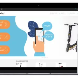 Prezentacja responsywnego sklepu internetowego na laptopie i smartfonie, oferującego wynajem hulajnóg elektrycznych, z ilustracjami i hasłami promocyjnymi.