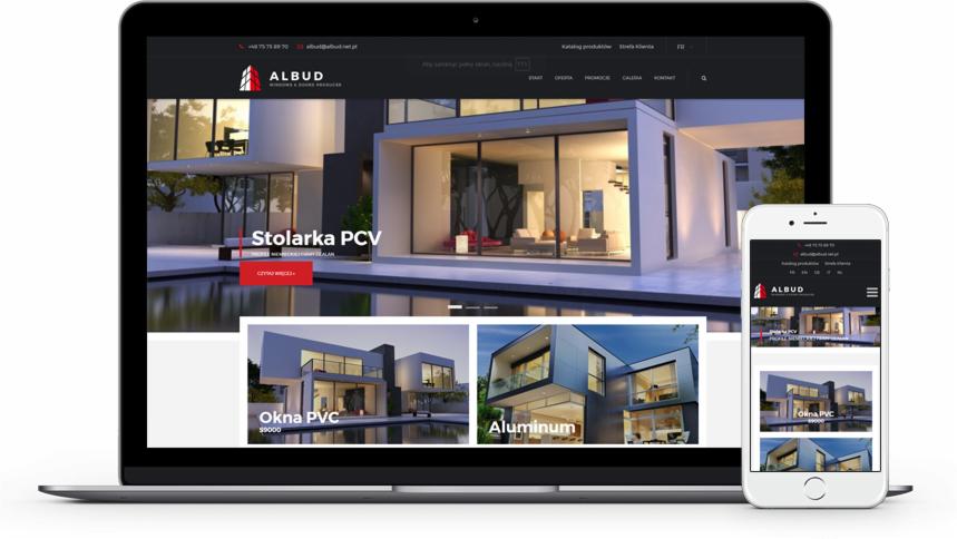 Laptop i smartfon wyświetlają stronę internetową firmy Albud, producenta okien i drzwi. Widoczne nowoczesne budynki z dużymi przeszkleniami prezentowane na stronie.