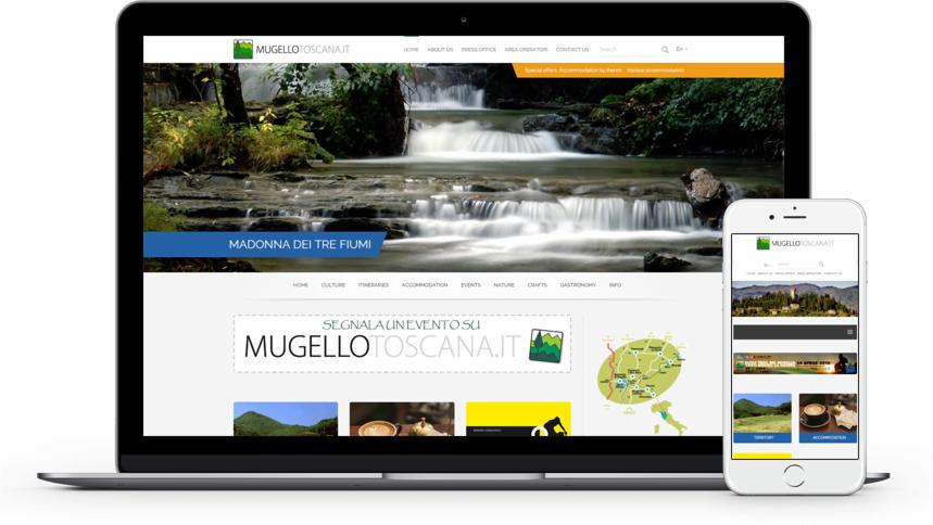 Laptop i smartfon prezentują stronę internetową Mugello Toscana z motywem wodospadu na ekranie laptopa i widokiem krajobrazu na smartfonie.