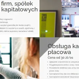 Fragment strony internetowej firmy oferującej usługi dla firm, z tekstem o rozliczeniach księgowych, obsłudze kadrowo-płacowej oraz uściskiem dłoni symbolizującym współpracę i widokiem biura w tle.