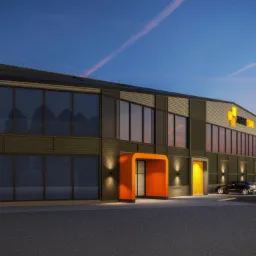 Wizualizacja budynku usługowego z dużymi oknami i pomarańczowym wejściem, oświetlonymi lampami, z zaparkowanymi samochodami przed budynkiem o zmierzchu.