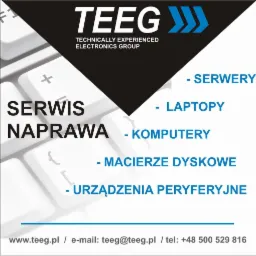 Grafika reklamowa firmy TEG z klawiaturą w tle, oferującej serwis i naprawę serwerów, laptopów, komputerów, macierzy dyskowych i urządzeń peryferyjnych.