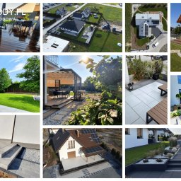 ERTAOGRODY.PL - Kompilacja zdjęć przedstawiających różne aranżacje ogrodów i tarasów: nowoczesne patio z meblami ogrodowymi, widok z lotu ptaka na dom z panelami słonecznymi i zagospodarowanym terenem, taras...