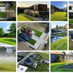 Kompozycja zdjęć różnych realizacji ogrodów: widok z góry na dom z trawnikiem, ogród z systemem nawadniania w akcji, nowoczesny ogród z minimalistycznym designem, trawnik z elementami dekoracyjnymi...