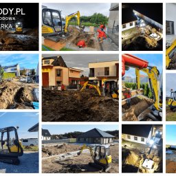 ERTAOGRODY.PL - Zestaw zdjęć przedstawiających prace ziemne wykonywane przy użyciu minikoparek, w tym wykopy pod fundamenty, instalacje nawadniające i inne prace infrastrukturalne na różnych etapach realizacji,...