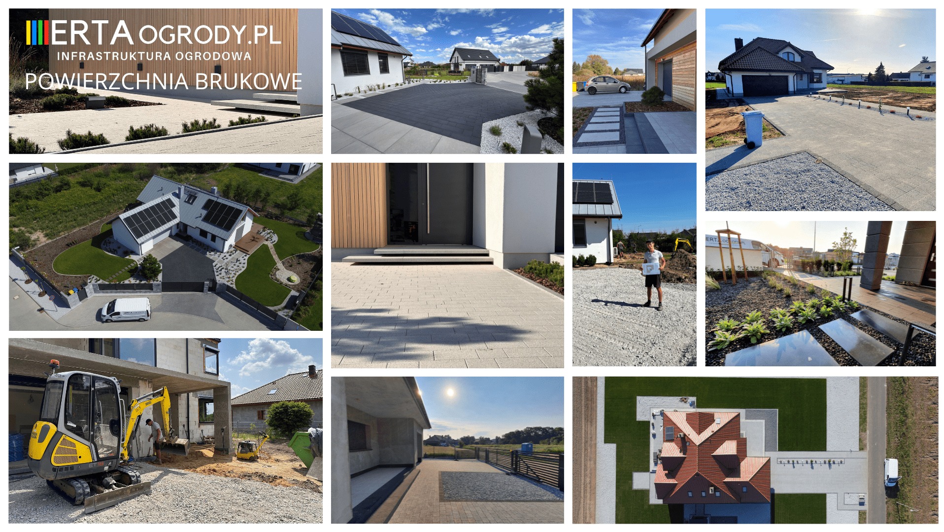 Kolaż zdjęć przedstawiających realizacje infrastruktury ogrodowej: brukowane podjazdy, ścieżki z kostki, zagospodarowanie terenu wokół domu, w tym trawniki, rabaty, instalacje nawadniające,...