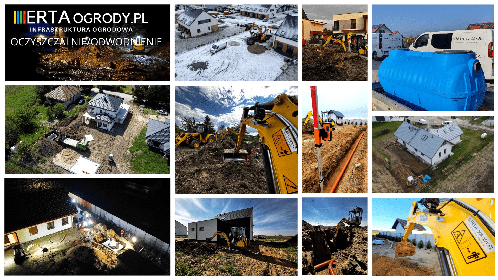 Kompilacja zdjęć z różnych etapów prac ziemnych związanych z infrastrukturą ogrodową, w tym budową oczyszczalni i systemów odwadniających, z użyciem ciężkiego sprzętu.