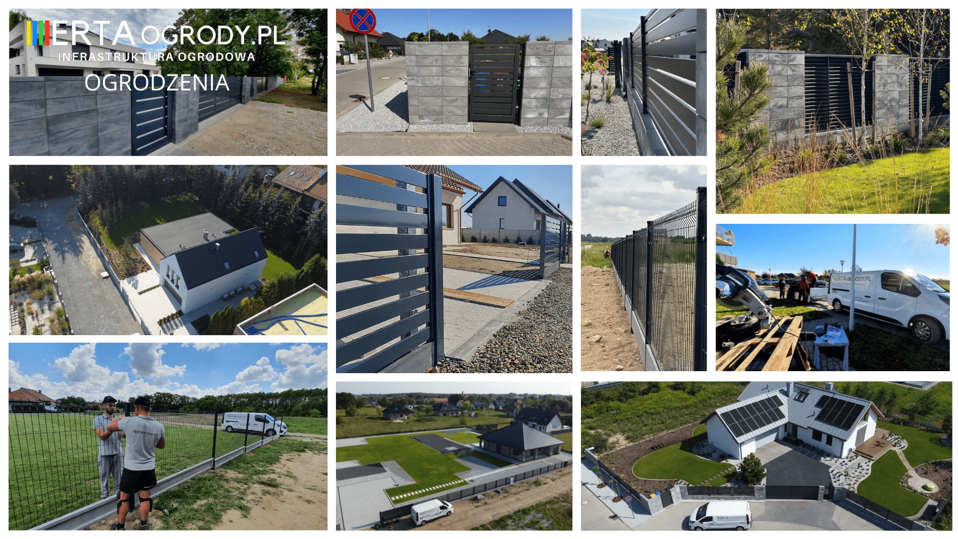Zestawienie zdjęć przedstawiających różne typy ogrodzeń: betonowe modułowe z bramą, panelowe z siatki, metalowe poziome, widoki z lotu ptaka na posesje z różnymi ogrodzeniami, ekipa montująca...