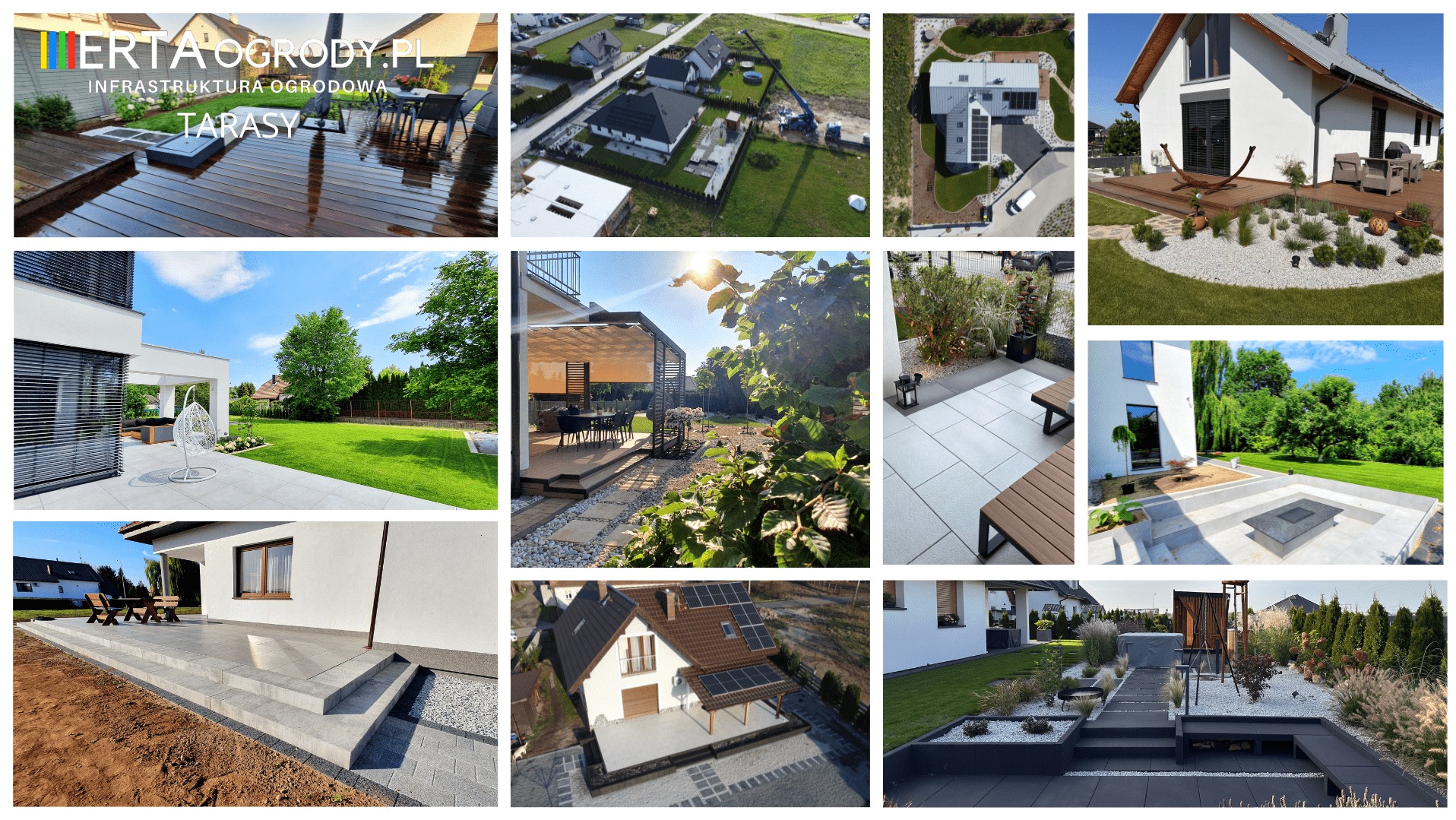 Kompilacja zdjęć przedstawiających różne aranżacje ogrodów i tarasów: nowoczesne patio z meblami ogrodowymi, widok z lotu ptaka na dom z panelami słonecznymi i zagospodarowanym terenem, taras...