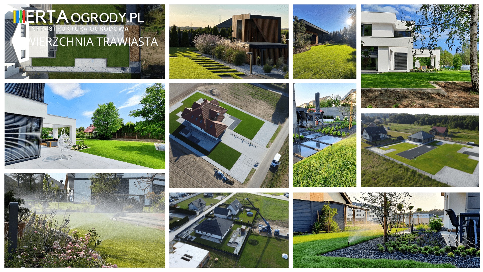 Kompozycja zdjęć różnych realizacji ogrodów: widok z góry na dom z trawnikiem, ogród z systemem nawadniania w akcji, nowoczesny ogród z minimalistycznym designem, trawnik z elementami dekoracyjnymi...