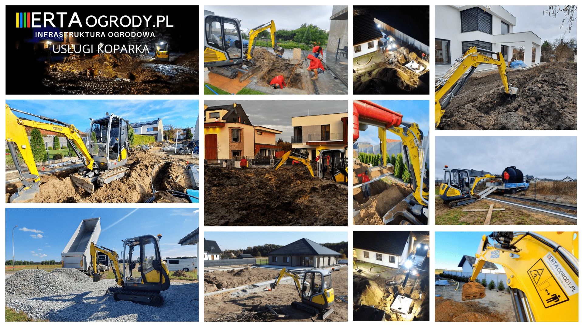 Zestaw zdjęć przedstawiających prace ziemne wykonywane przy użyciu minikoparek, w tym wykopy pod fundamenty, instalacje nawadniające i inne prace infrastrukturalne na różnych etapach realizacji,...