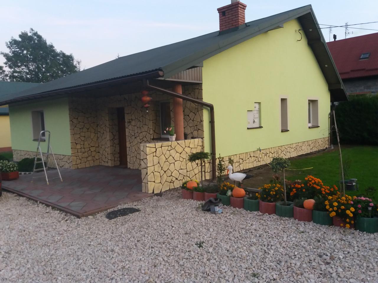 Elewacja domu jednorodzinnego z jasną, zieloną farbą i okładziną z kamienia dekoracyjnego, widoczny fragment ogrodu z dekoracjami i kwiatami w donicach.