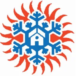 Niebiesko-biały symbol przypominający płatek śniegu z centralnie umieszczonym konturem domu, otoczony stylizowanymi, pomarańczowymi promieniami słońca na białym tle.