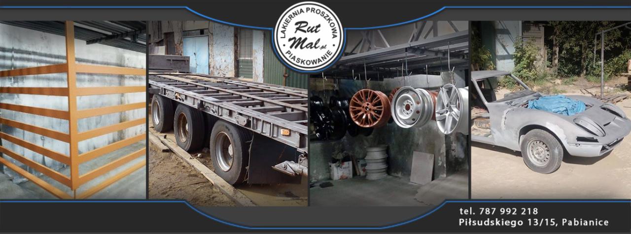 Elementy konstrukcyjne po obróbce i przygotowaniu do malowania: pomalowana brama, rama naczepy, zawieszone felgi oraz karoseria samochodu przed malowaniem.