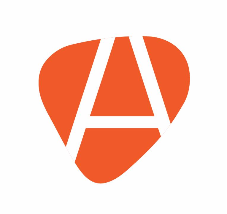 Pomarańczowe logo w kształcie zaokrąglonego trójkąta z białą literą A w środku.