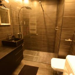 Christov Design Studio - Ciemna łazienka z kabiną prysznicową typu walk-in, prostokątną umywalką nablatową, czerwonym akcentem dekoracyjnym i kwiatem storczyka.