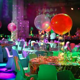 IN SPE grupa marketingowa - Uroczysta sala balowa z okrągłymi stołami nakrytymi błyszczącymi obrusami, krzesła w odcieniach zieleni i błękitu, dekoracje z balonów wypełnionych światełkami, oświetlenie sceniczne w kolorach...