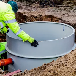 Montaż szarego, okrągłego zbiornika z rurą kanalizacyjną w wykopie ziemnym; pracownik w odblaskowej kurtce przytrzymuje zbiornik w rękawicy roboczej.