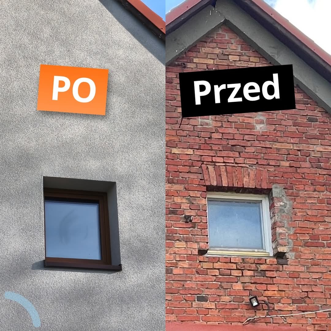 Elewacja budynku: porównanie stanu przed (czerwona cegła) i po (szara struktura), z nowym oknem i napisem 'PO' na ścianie.