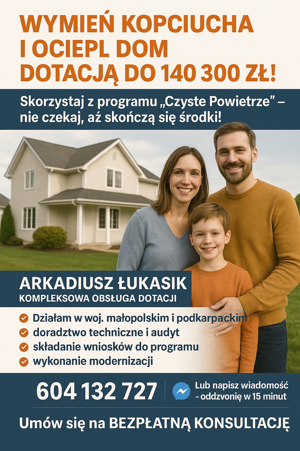 Profesjonalny baner reklamowy programu Czyste Powietrze. Uśmiechnięta rodzina na tle domu, oferta kompleksowej obsługi dotacji, kontakt telefoniczny i bezpłatna konsultacja.