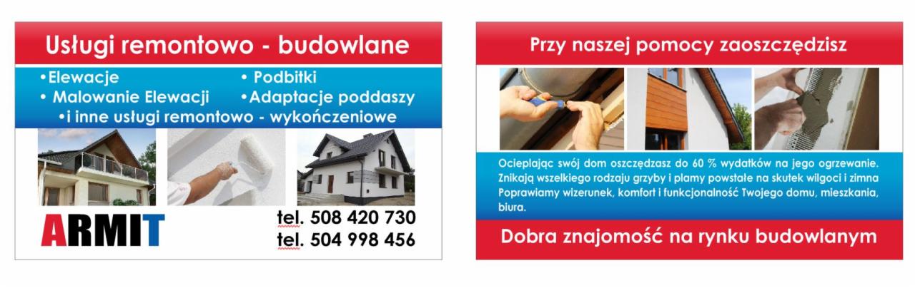 Ulotka reklamowa firmy remontowo-budowlanej Armit, prezentująca usługi elewacyjne, podbitki i adaptacje poddaszy oraz korzyści z ocieplania domu, z numerami telefonów kontaktowych.