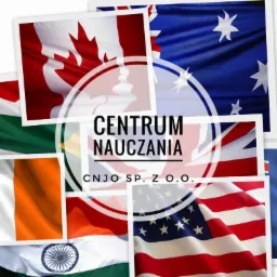 Kompozycja z flag Kanady, Australii, Węgier, Irlandii, Indii, USA, Nowej Zelandii i Wielkiej Brytanii, otaczająca logo Centrum Nauczania CNJO Sp. z o.o.