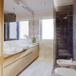 Jasna łazienka w Czółnach z podwójną umywalką na drewnianej szafce, minimalistycznym prysznicem typu walk-in i białymi kwiatami w doniczce na blacie.