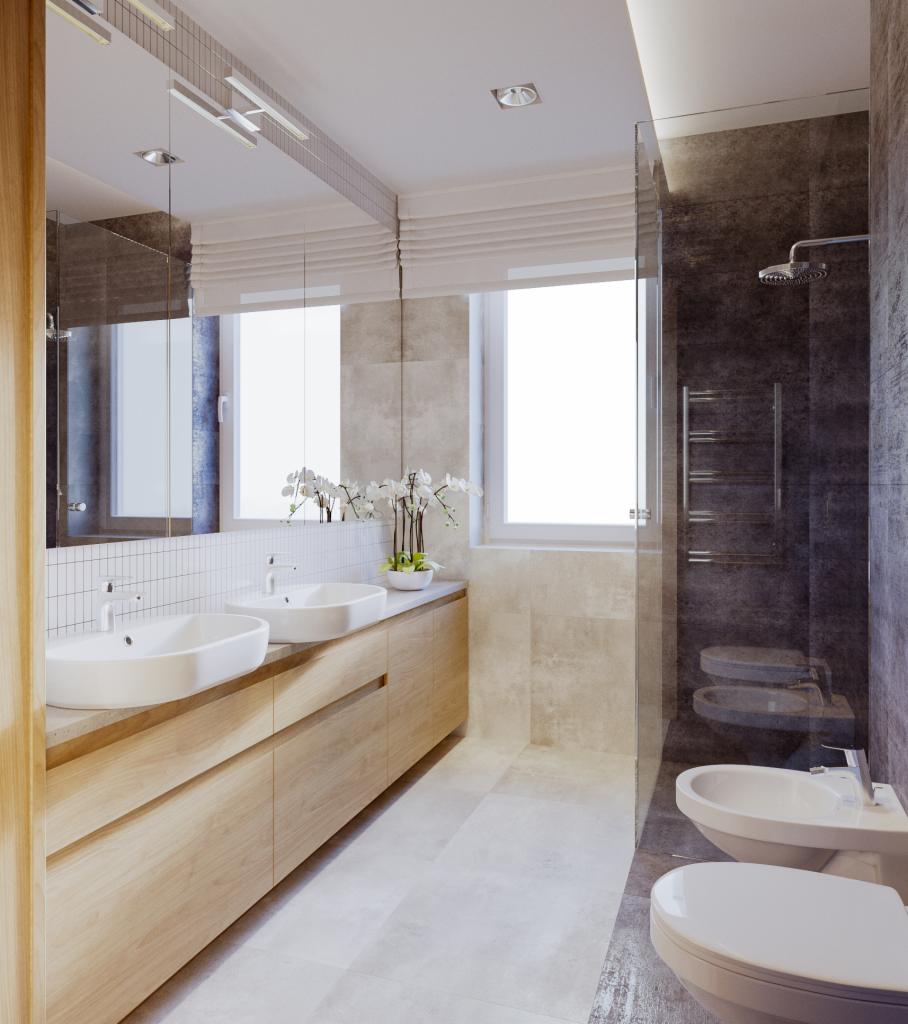 Jasna łazienka w Czółnach z podwójną umywalką na drewnianej szafce, minimalistycznym prysznicem typu walk-in i białymi kwiatami w doniczce na blacie.