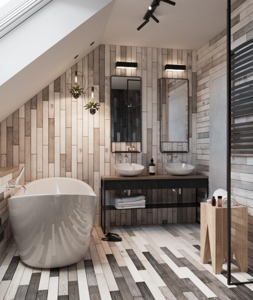 Nowoczesna łazienka na poddaszu z drewnianymi panelami ściennymi i podłogą w odcieniach szarości, wolnostojąca wanna, podwójna umywalka na metalowym stelażu, wiszące lampy z roślinami i oświetlenie...
