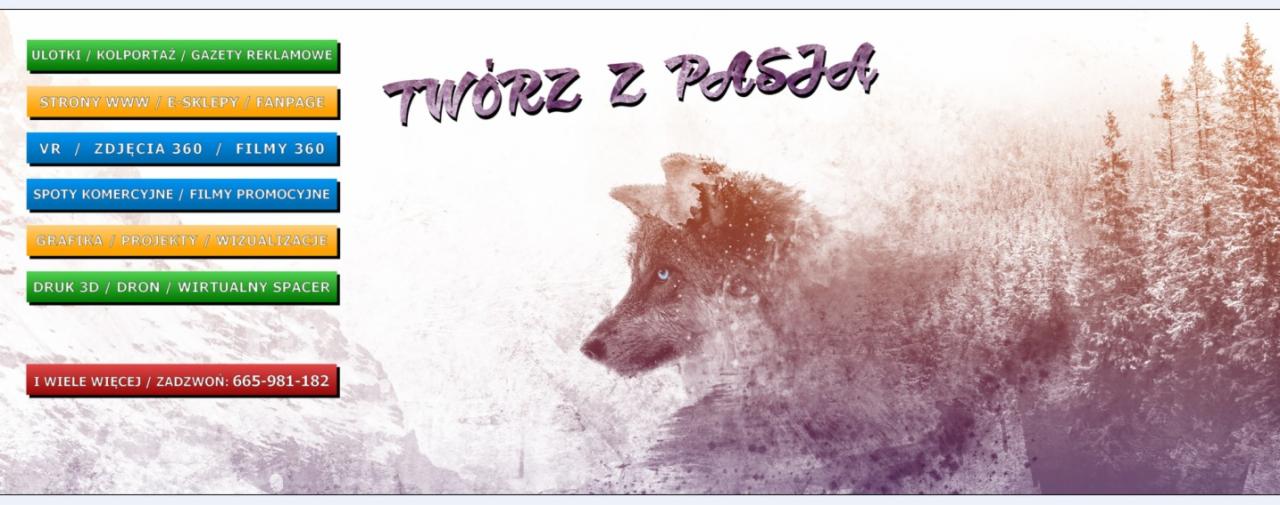 Abstrakcyjna kompozycja graficzna przedstawiająca profil wilka na tle zimowego krajobrazu z drzewami, z tekstem 'Twórz z pasją' i listą oferowanych usług, takich jak grafika, projekty i wizualizacje.