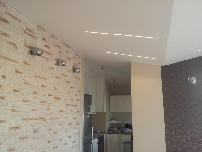 Nowoczesne wnętrze: ściana z dekoracyjnej cegły z chromowanymi kinkietami, minimalistyczne oświetlenie sufitowe LED, widoczny fragment kuchni z białymi szafkami i stalową lodówką.