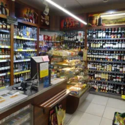 Wnętrze sklepu z alkoholem: półki wypełnione różnorodnymi butelkami, lada z kasą fiskalną i ekspozycja z przekąskami, oświetlenie jarzeniowe.