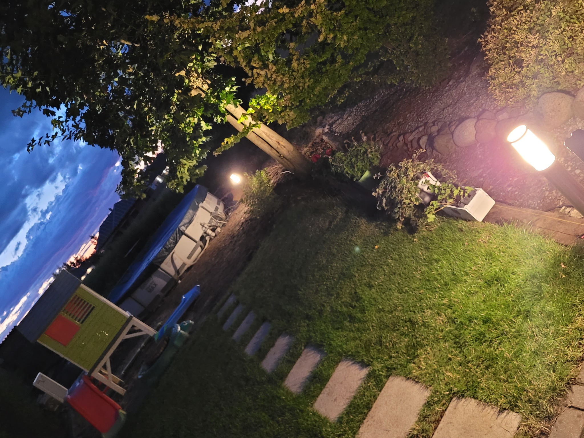 Oświetlony ogród nocą z ścieżką z płyt, drzewami i elementami dekoracyjnymi. Widoczne niebo o zmierzchu. Ujęcie z nietypowej perspektywy.