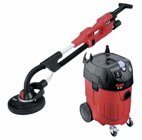 Szlifierka do gładzi z odkurzaczem przemysłowym Flex, widoczne logo producenta na obu urządzeniach.
