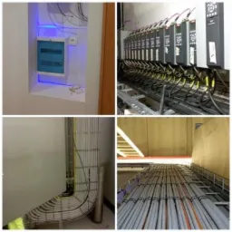 Cztery kadry: rozdzielnica elektryczna z niebieskim podświetleniem w niszy, rząd szarych modułów sterujących na metalowej konstrukcji z podłączonymi kablami, pionowy odcinek kabli w korycie z żółtą...