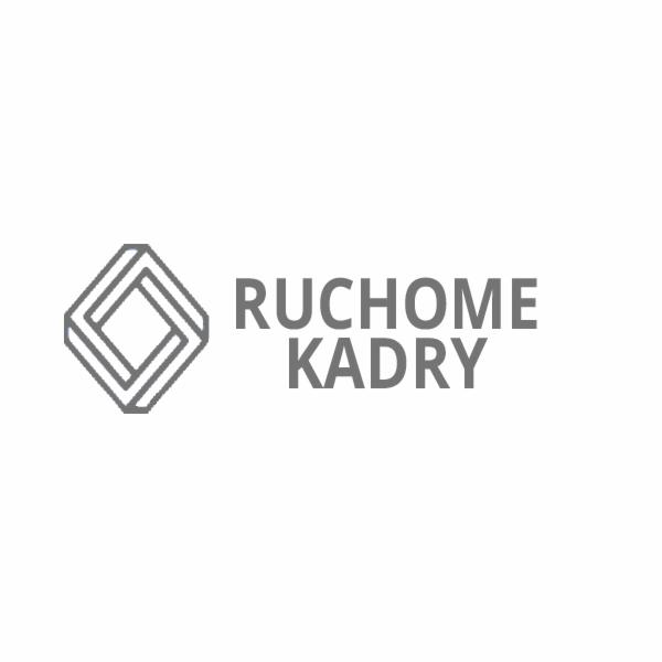 Szare logo firmy 'Ruchome Kadry' z abstrakcyjnym symbolem kwadratu w kwadracie.