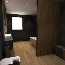 Wizualizacja łazienki z drewnopodobną podłogą i ścianą, czarnymi akcentami, umywalką nablatową, toaletą z czarnym przyciskiem i wanną wolnostojącą w tle.